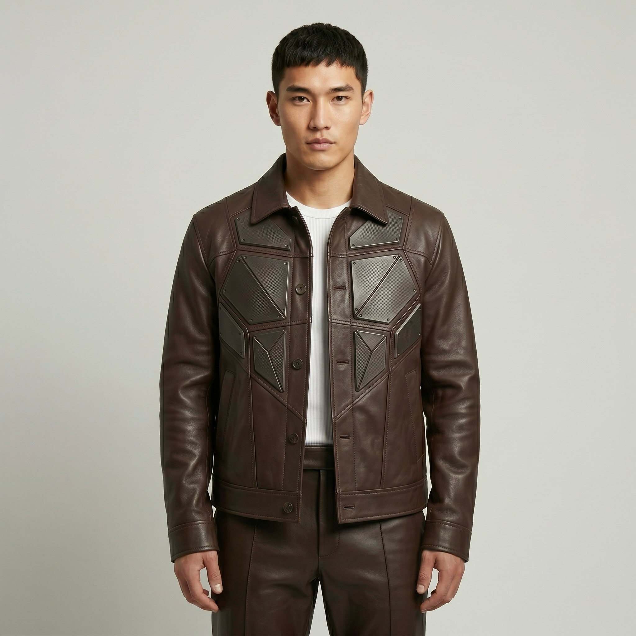 Geometric Panel Leather Jacket