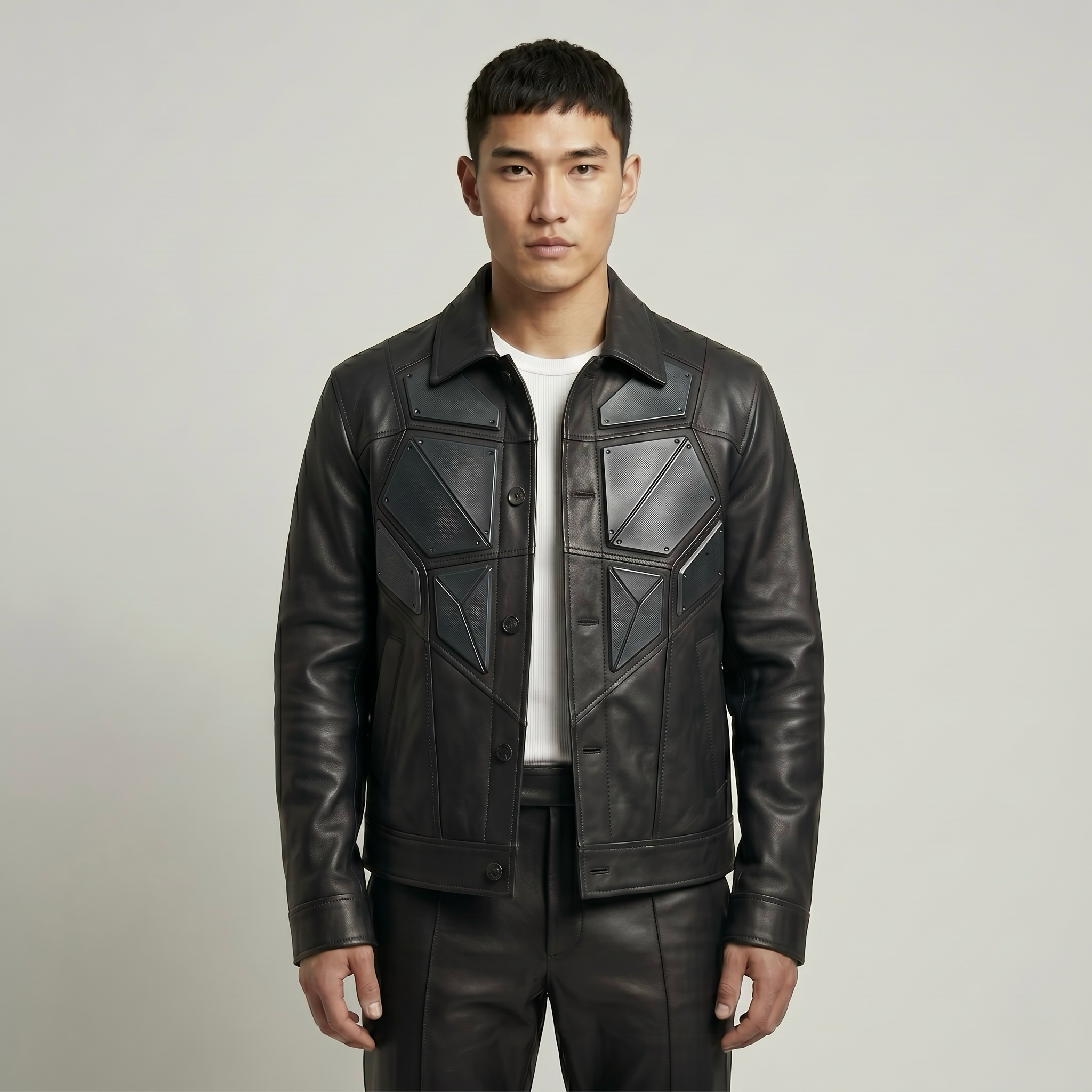Geometric Panel Leather Jacket